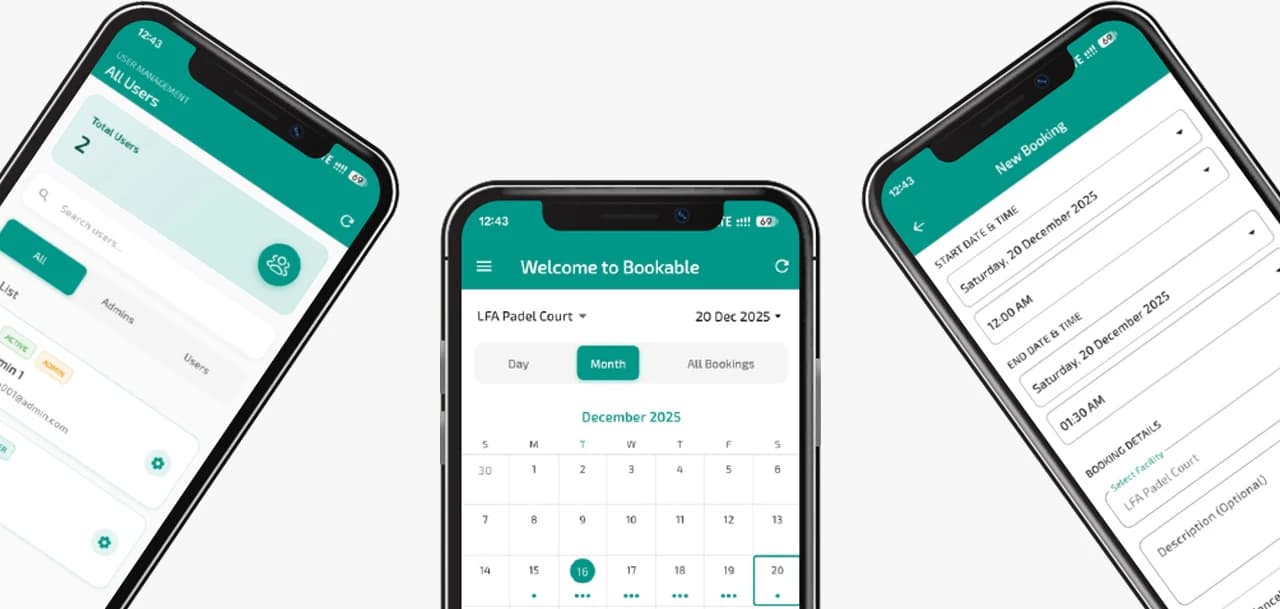 Bookable app screens showing calendar, booking, and admin views